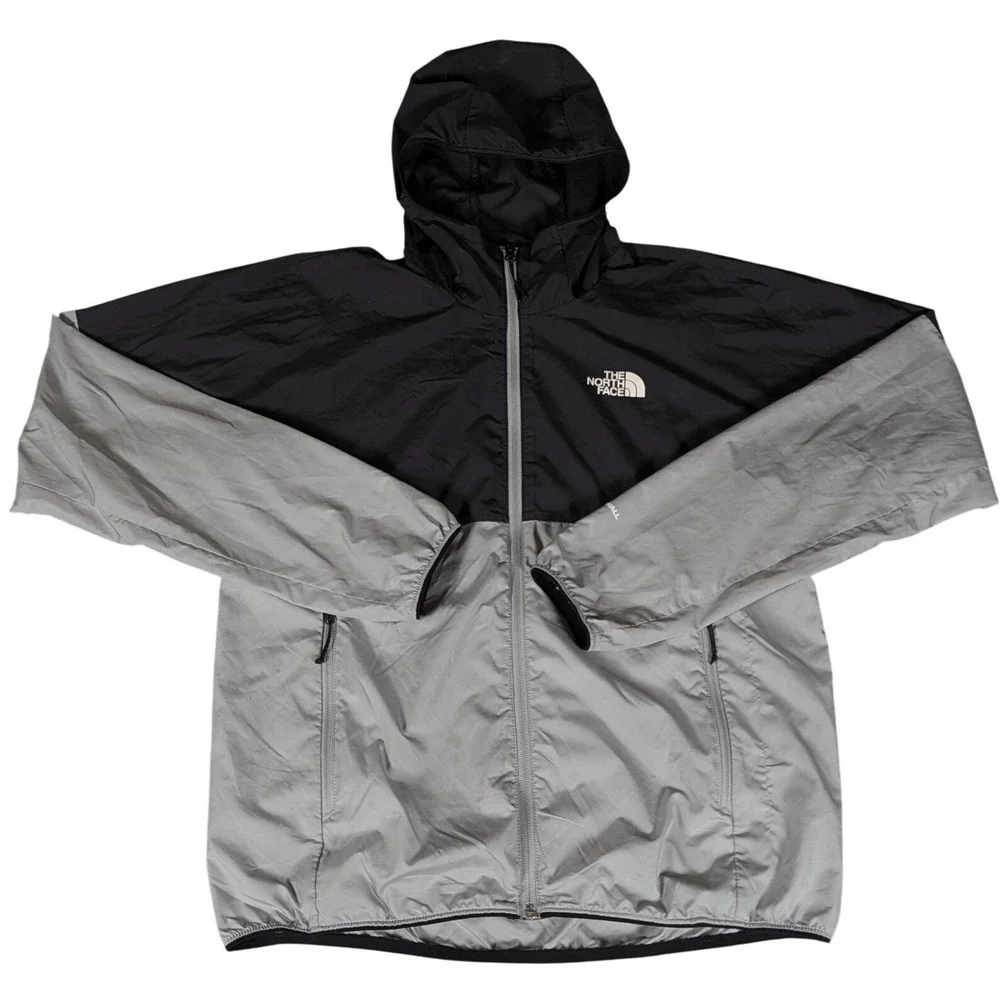 The North Face Mens Black Grey Colorblock Hooded Windbreaker Jacket Full Zip